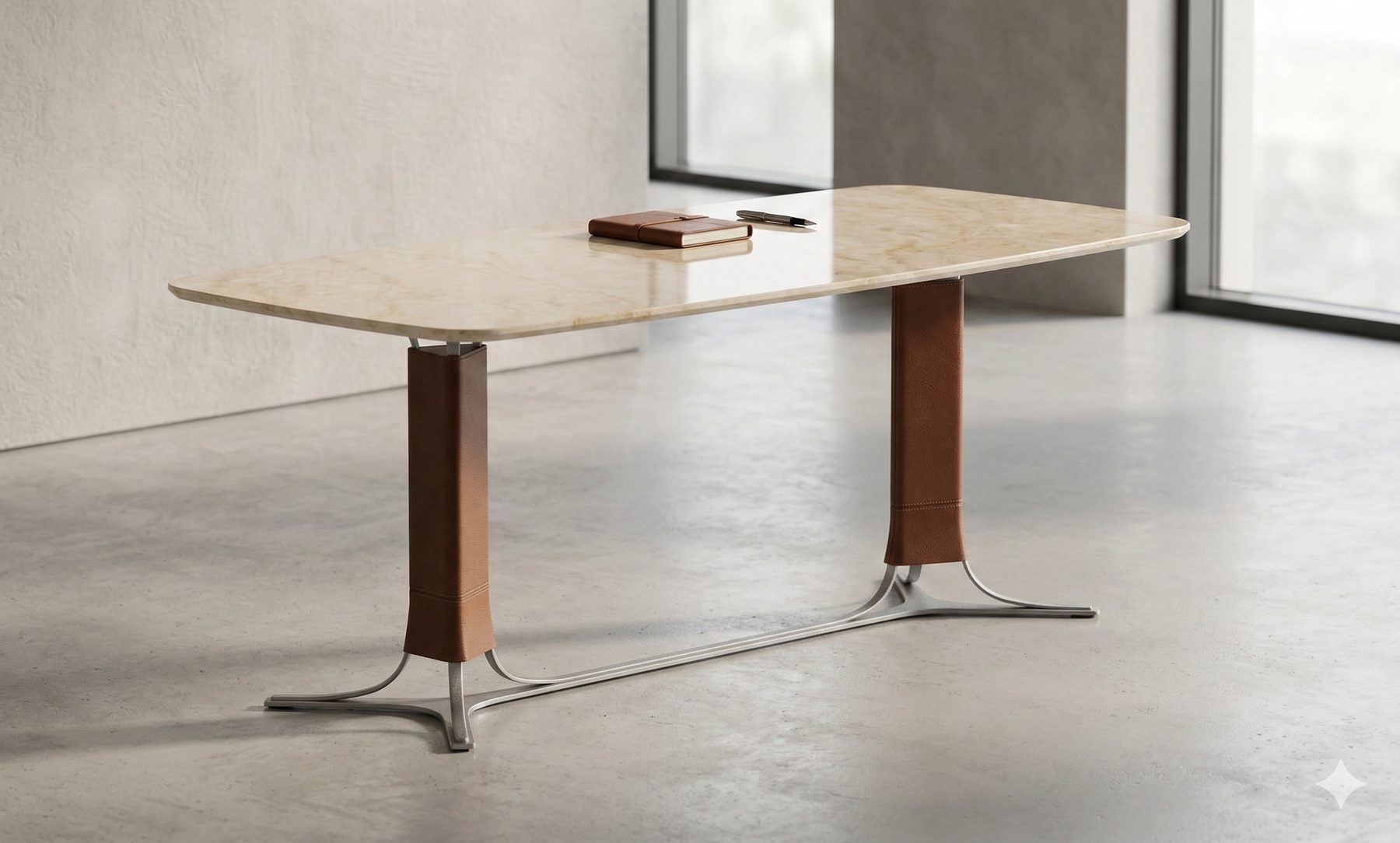 Dining table with a cream marble top on two leather-wrapped columns and a polished cantilever base